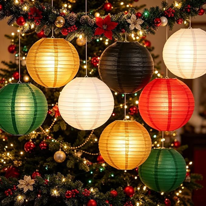 10 Pcs Paper Lanterns Decor, 8 & 10 Inch Hanging Round Lanterns in Red Black - Image 5