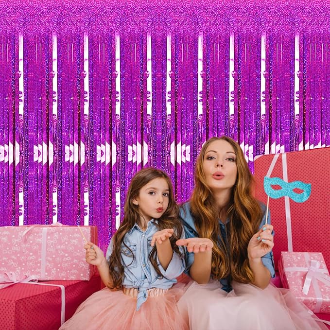 2 Pack 3.2ft x 8.2ft Hot Pink Metallic Tinsel Foil Fringe Curtains, Photo Booth - Image 2