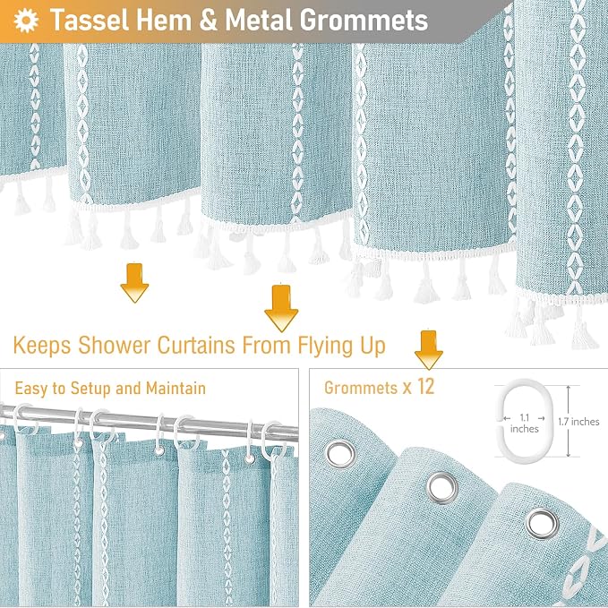 72x96 Extra Long Boho Linen Heavy Duty Shower Curtain Set, Fog Blue | Extra - Image 5