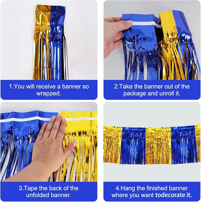 BEISHIDA Blue Gold Fringe Garland Banner 30ft Wall Tinsel Foil Streamers | 3Pack - Image 2