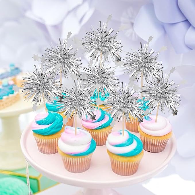 30 PCS Foil Firework Cupcake Toppers Star Cupcake Picks Sparkle Tinsel Flower - Image 4
