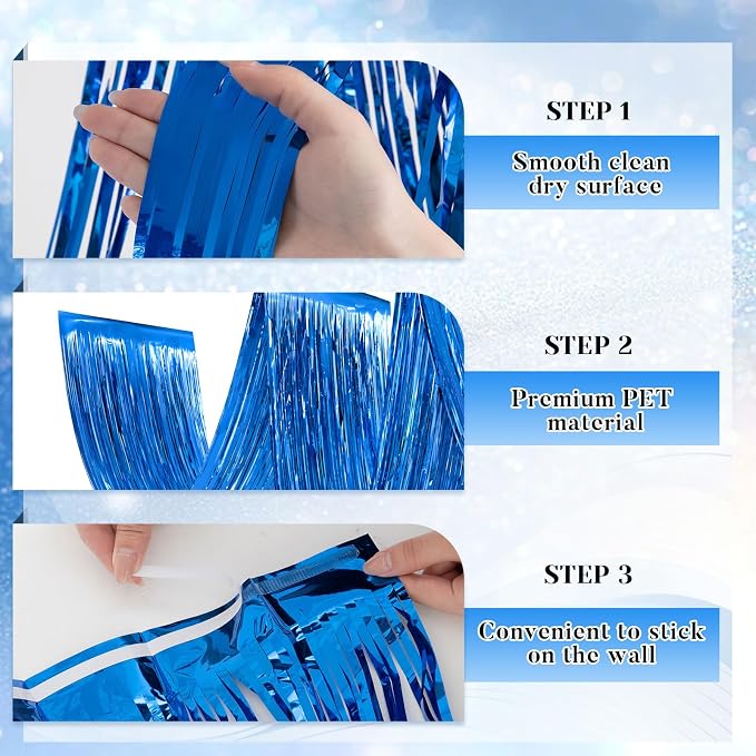 4 Pcs 15ft Blue Metallic Foil Ceiling Fringe Curtains, Party Decor Fringe Drapes - Image 3