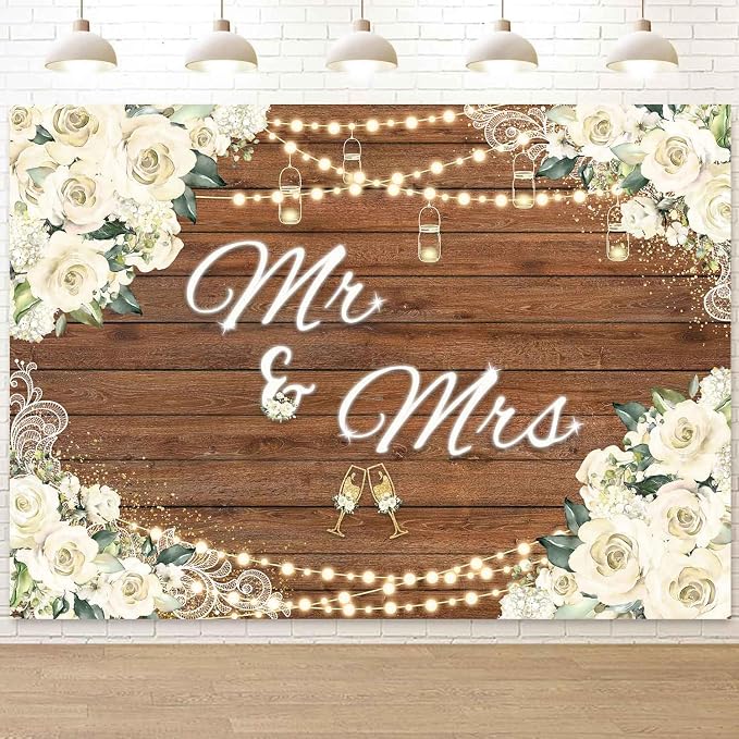 Mr and Mrs Wedding Backdrop for Engagement Party White Floral Rustic Wood by Sensfun