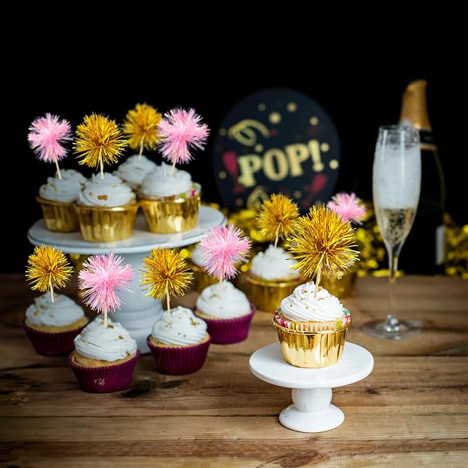 Gyufise 30Pcs Foil Firework Cupcake Toppers Sparkle Tinsel Cake Toppers Tinsel - Image 4