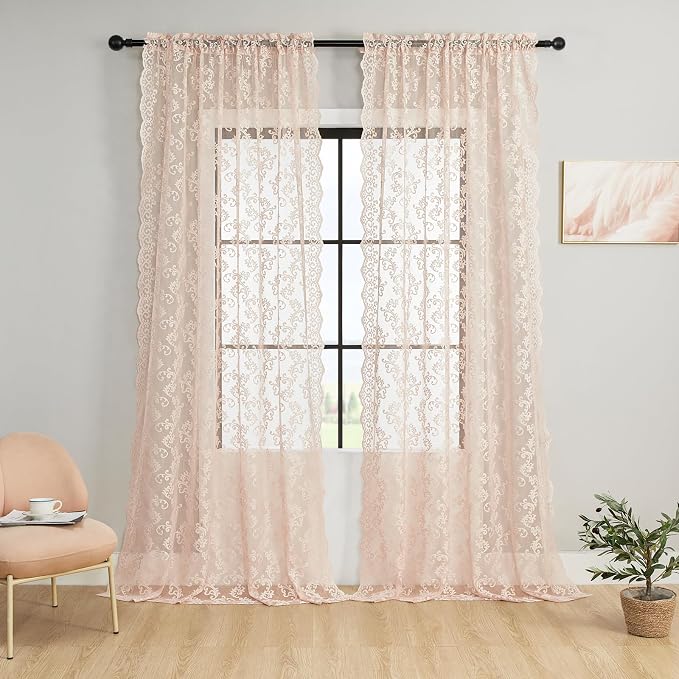 FOLKSIDE Blush Pink Lace Curtains 90 Inches Long 2 Panels Victorian Floral by FOLKSIDEHomeDecoration