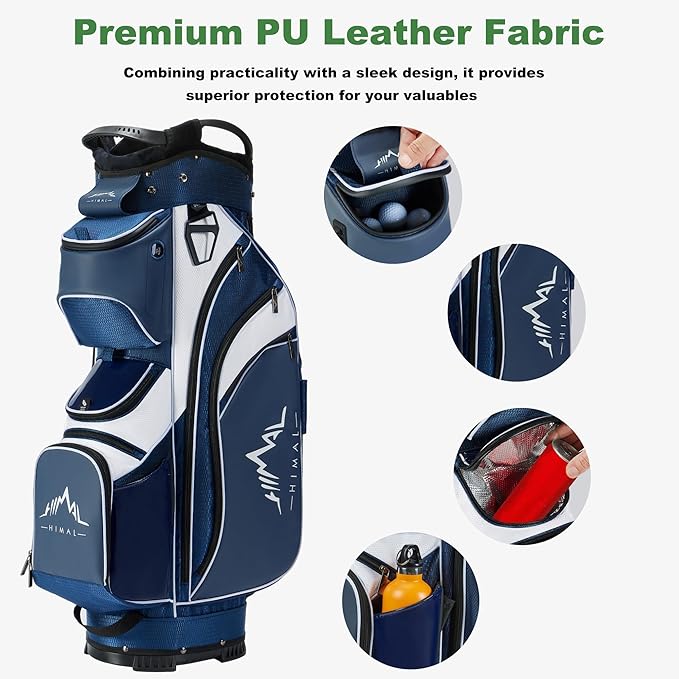 14-Way Golf Cart Bag with Full Length Divider, Premium PU Leather Golf Bag with Plush Top, Magnetic Pocket and Rain Cover for Men