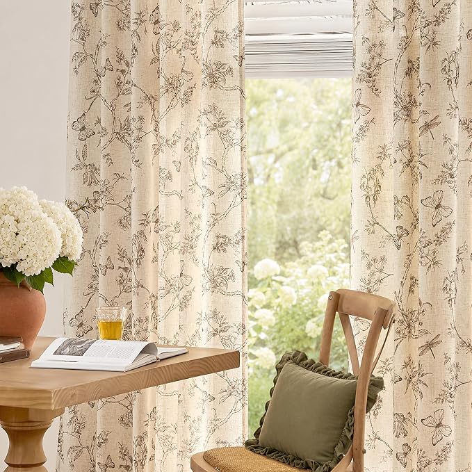 Taupe Floral Linen Curtains Farmhouse Rod Pocket 50W X 84L 2 Panels | Charlotte - Image 5