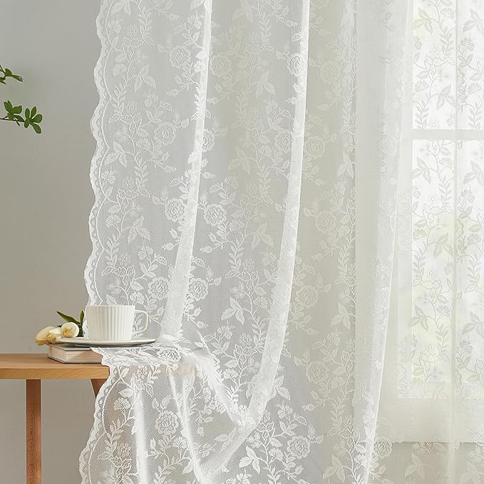 Ivory Lace Curtains for Bedroom Rustic Leaf Floral 52 x 80 Inch 2 Panels | Rod by FINECITY