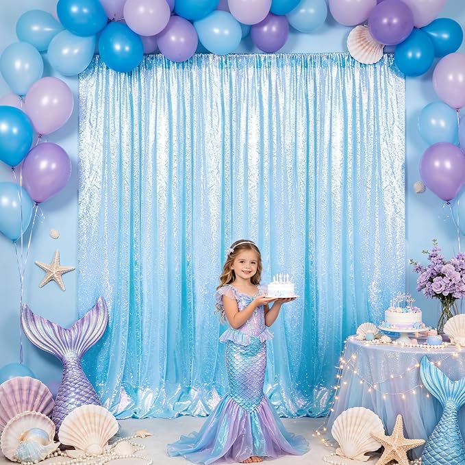 Hahuho Mermaid Blue Sequin Backdrop Curtain, Banquet Decoration（6 Panels - Image 3
