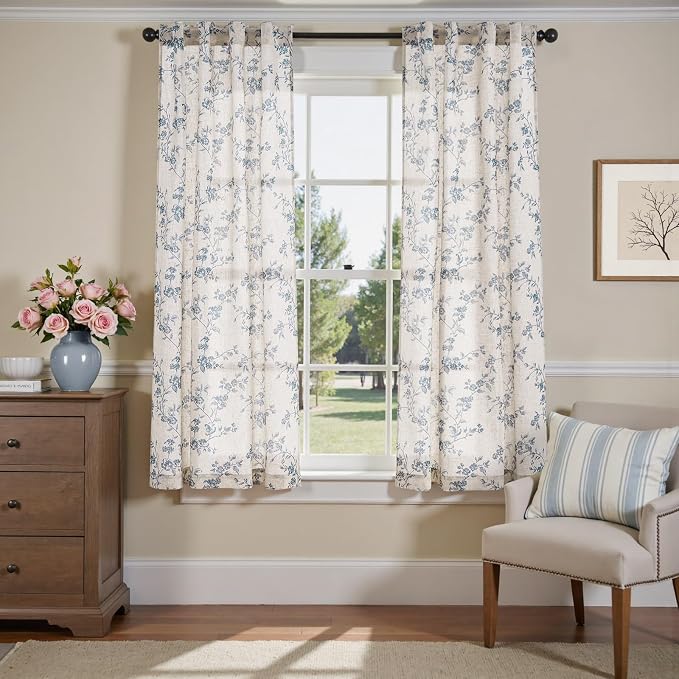 jinchan Blue Floral Linen Curtains 63 Inch Country Drapes Back Tab 2 Panels | - Image 2