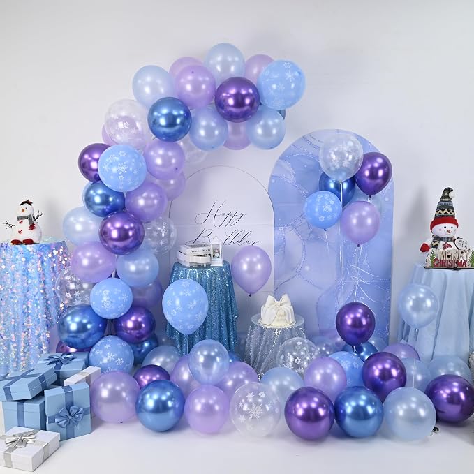 Blue Purple Snowflake Balloons, Pearl Light Blue Purple Metallic Clear Latex - Image 2