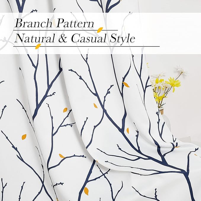 NICETOWN Navy Blue Branch White Curtains - Image 4