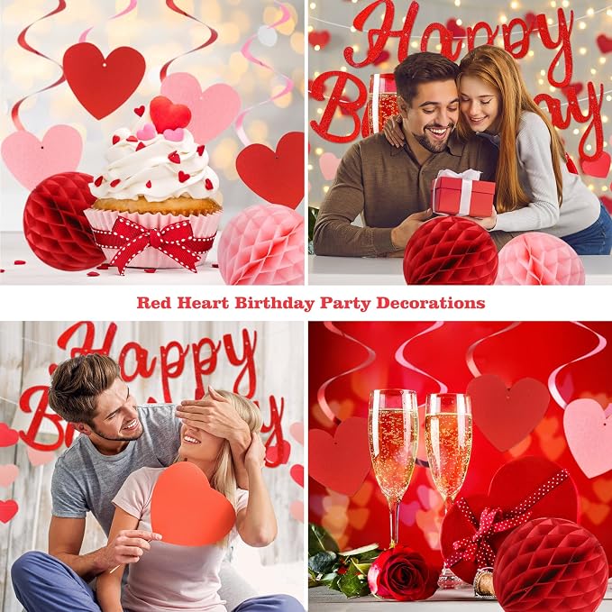 YEOCU Birthday Decorations, No DIY Pre-Strung Happy Birthday Banner | Red Heart - Image 4