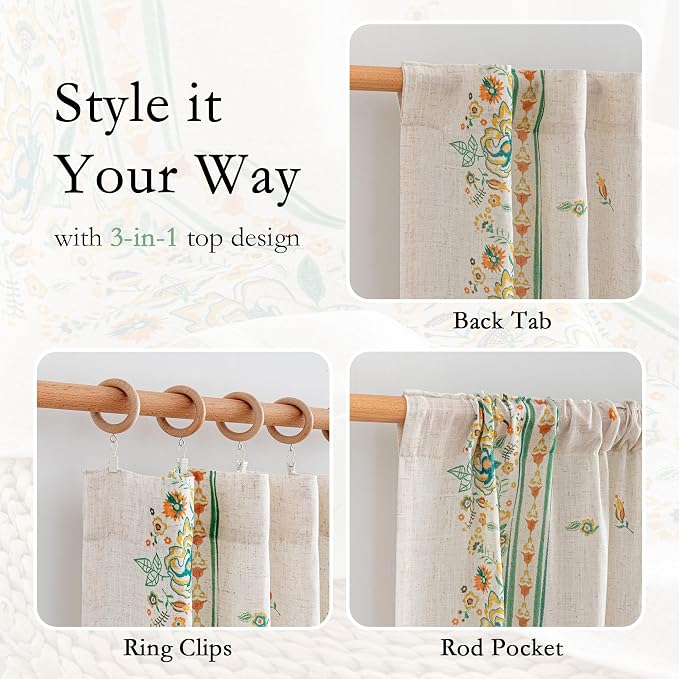MYSKY HOME Boho Floral Curtains 63 inch Linen Blend - Image 4