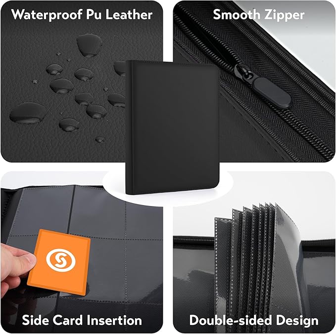 1000+ Pockets Trading Card Binder, Premium 16 Pocket Card Binder, Ringless Side Loading Collection Album Holder Folders for MTG, TCG, Game Cards & Sports Cards (Black)