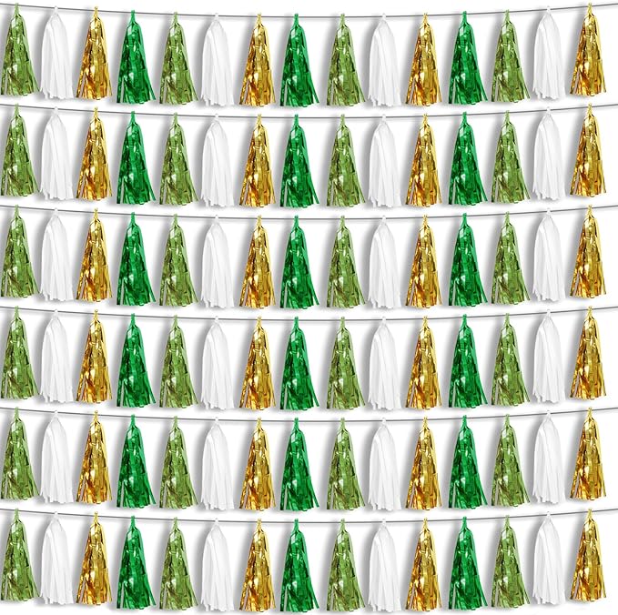 6P Sage-Green Beige-Mint Gold Foil Fringe Metallic Tassel Garland Banner, Tassels Banner Streamers for Parade Floats, Bachelorette, Wedding, Birthday, Christmas, Bridal/Baby Shower Party Decorations