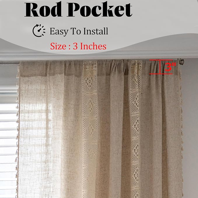 Sutuo Home Boho Linen Curtains for Kitchen Bedroom, Bohemian Semi Sheer Crochet - Image 5