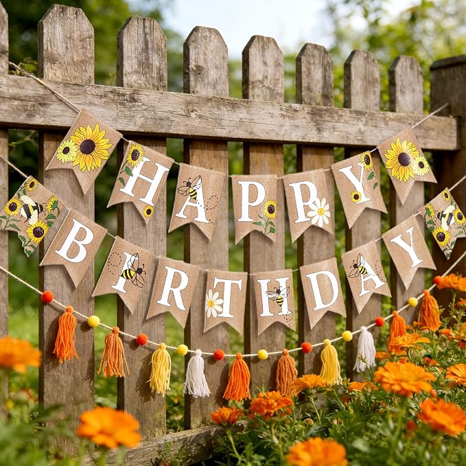 Burlap Sunflower Birthday Banners, Pre-strung Sunflower and Bee Themed Party - Image 6