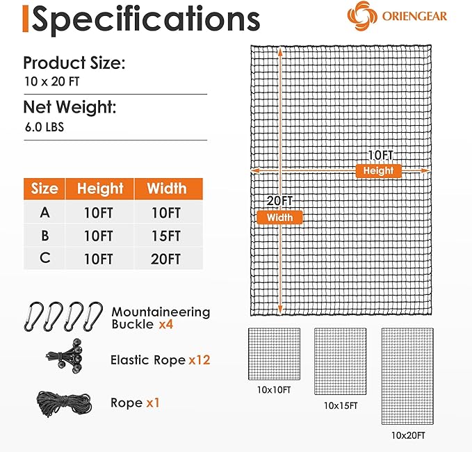 ORIENGEAR Golf Netting for Garage, Golf Hitting Practice Net 10x15ft 10x20ft, Backyard DIY Nets for Chipping Driving and Baseball Hockey Soccer Sports, with Rope and Buckle (NET ONLY Without Poles)