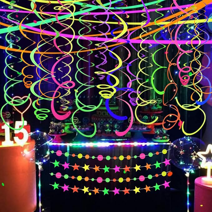 56 PCS UV Colorful Ceiling Swirl Decoration Hanging Paper Neon Streamer - Image 2