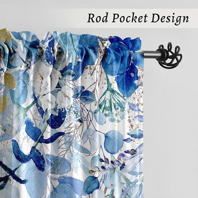 Blue Eucalyptus Curtains 63 Inch Length 2 Panels, Leaves Plant Drapes - Image 4