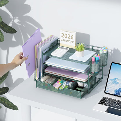 gianotter 4-Tier Desk Organizer with Drawers, File Holders, Letter Trays and Pen Holders - Workspace Accessories for Office Supplies (Green)