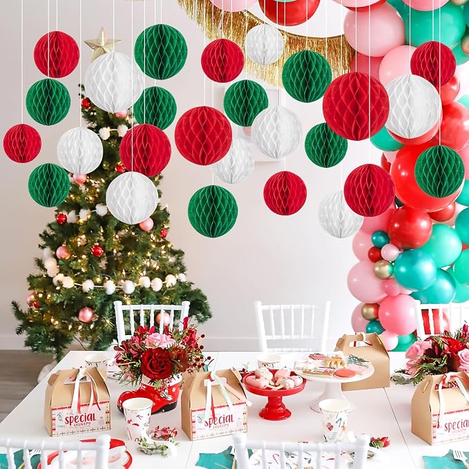 SUNBEAUTY 27 PCS Red Green White Christmas Party Hanging Honeycomb Decorations - Image 7