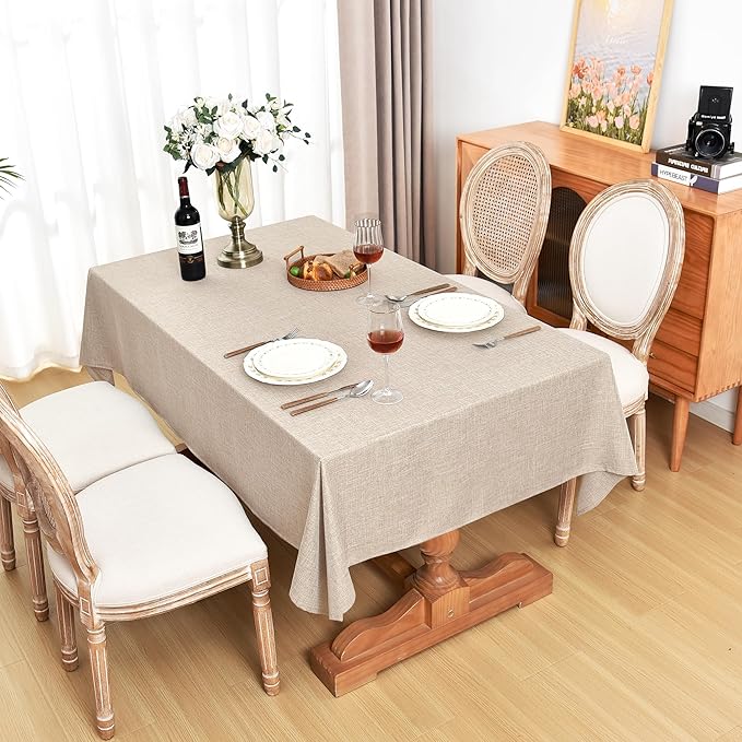 Fitable Beige Faux Linen Tablecloths Rectangle 60 x 84 Inch - 6 Pack Neutral Table Clothes for 4 Foot Tables, Wrinkle-Proof Faux Burlap Table Covers for Dining, Farmhouse, Outdoor Picnic, Camping