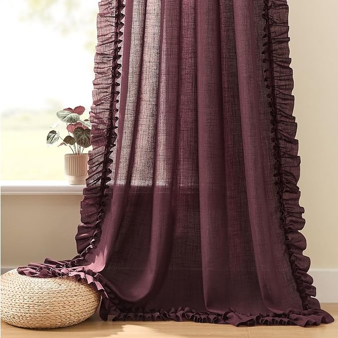 Burgundy Farmhouse Curtains for Bedroom Boho Chic 58 x 84 Inch, 2 Panels | Rod - Image 5