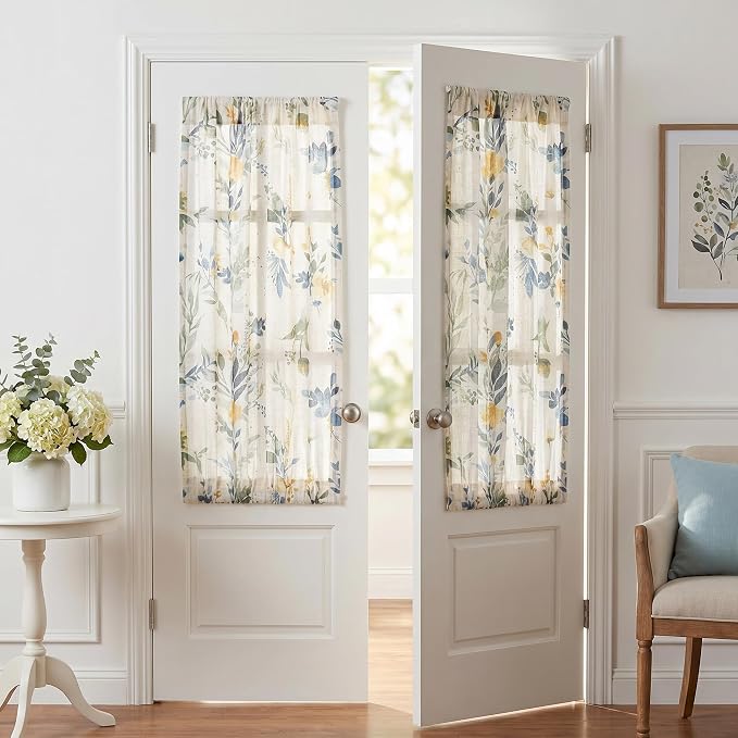 MYSKY HOME Floral Linen Door Curtains Blue Farmhouse Privacy Door Window - Image 5
