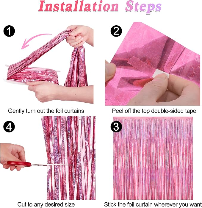 4 Pack Pink Backdrop, 3.28 FT x7.05 FT Foil Fringe Curtains, Metallic Glitter - Image 3