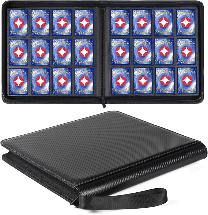 GEAoffice Trading Card Binder 12 Pocket Hold 720 Cards, Premium PU Cover Zipper Collection Binder, Ringless Side Loading Card Album Folder for YuGiOh, MTG, TCG, Game & Sports, Non-PVC, Carbon Black