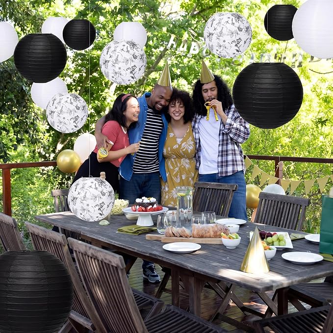 Riakrum 18 Pcs Floral Paper Lantern Set 10" 8" Black and White Round Lantern - Image 5