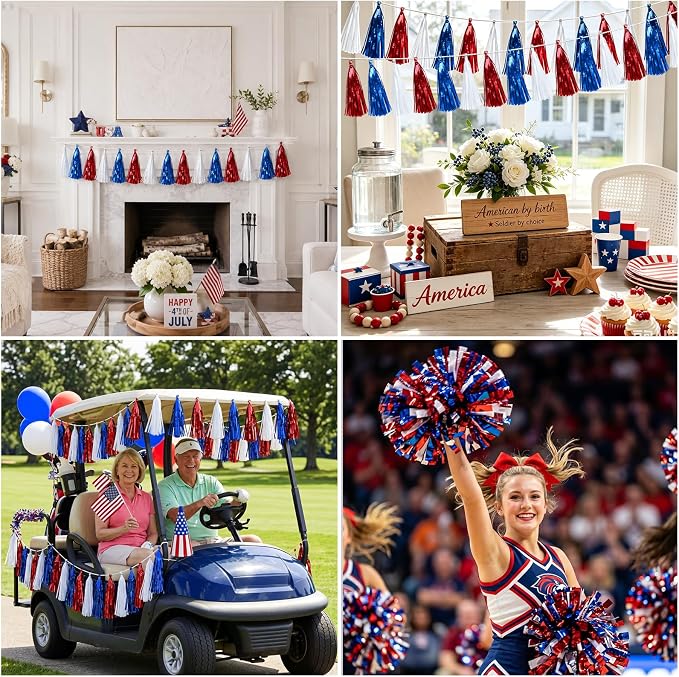 Morofme Red White Blue Foil Fringe Garland 45pcs Patriotic Tassel Banner 4th of - Image 4