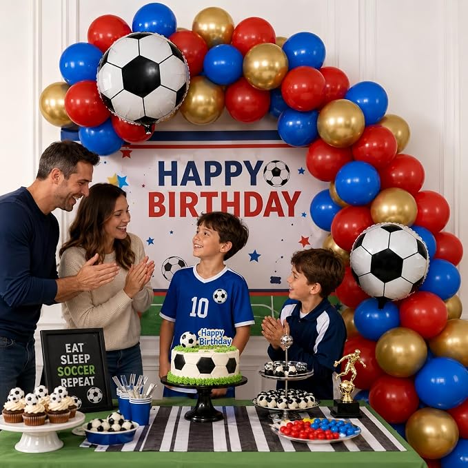 Soccer Balloons, 12 Inch Red and Blue Metallic Gold Latex Balloons - Image 3