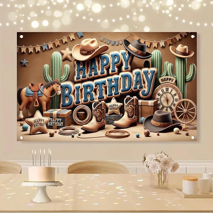 Western Cowboy Happy Birthday Banner Backdrop Rustic Wild West House Barn Photo - Image 8