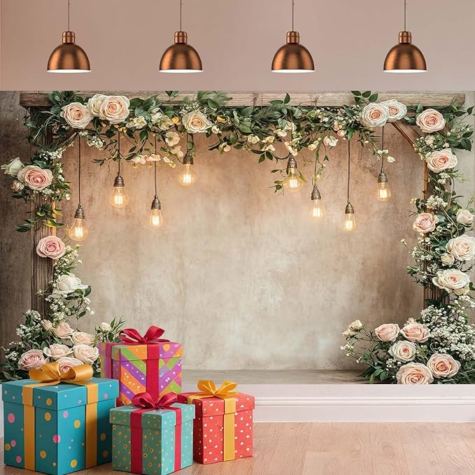 9x6ft Country Wedding Photography Backdrop Floral Rustic Roses Farmhouse Wooden Door Backdrop Pink Flower Birthday Baby Shower Wedding Bridal Party Banner Photo Booth Props Anniversary Background