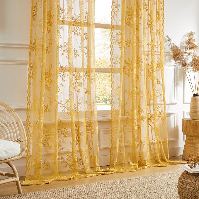 Yellow Lace Curtains 72 Inch Length 2 Panels Set Country Golden Flower Sheer - Image 3