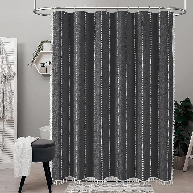 60x72 Boho Farmhouse Linen Heavy Duty Shower Curtain, Charcoal Grey | Narrow - Image 6
