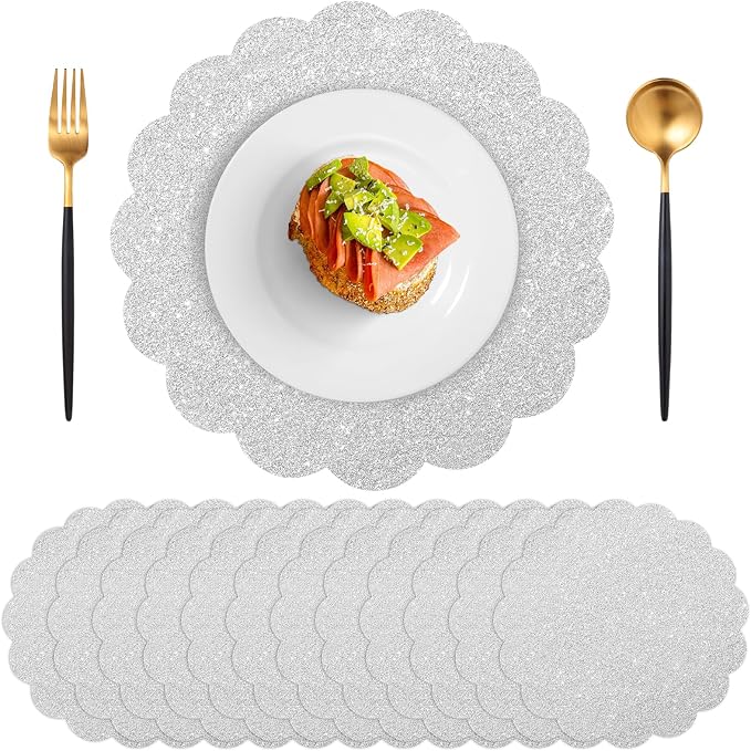 60 Pcs Silver Glitter Paper Placemats, 13.5 Inch Scalloped Table Mats | by NatNarr