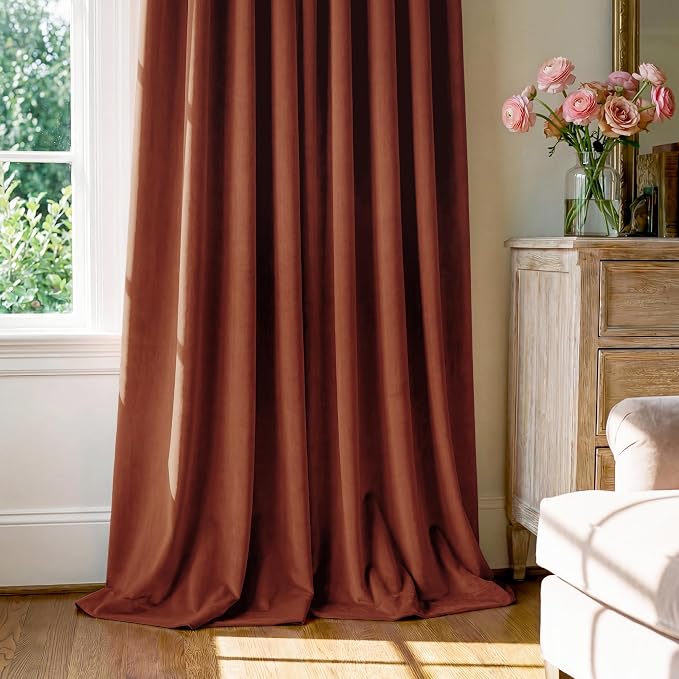 Rust Red Velvet Curtains for Christmas Decor, W52 x L108, 2 Panels | Back Tab - Image 7
