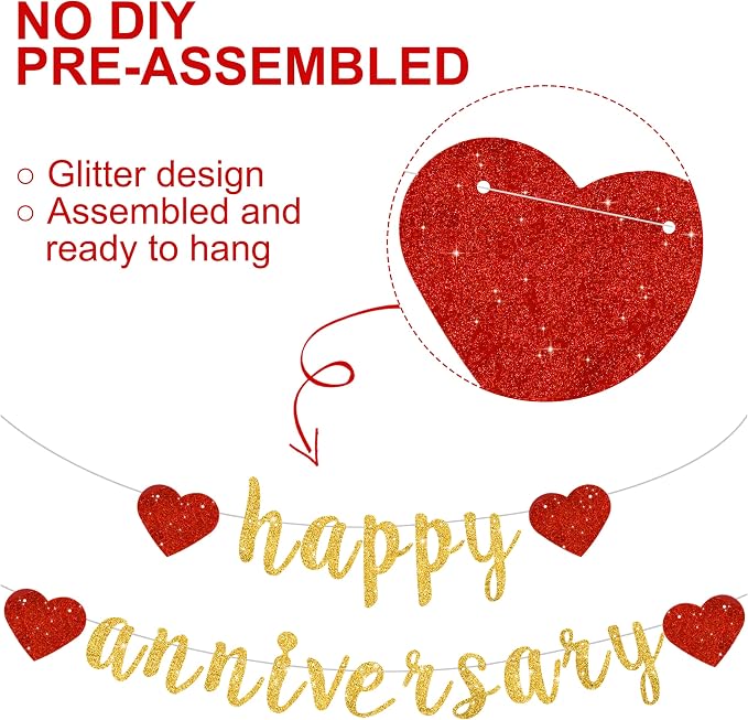 BEISHIDA Glitter Pre-Strung Gold Happy Anniversary Banner Decoration | NO DIY - Image 2