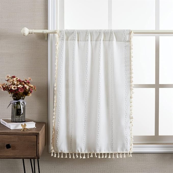 RoomTalks White Boho Farmhouse Kitchen Curtains 36 Inch Length French Striped - Image 2