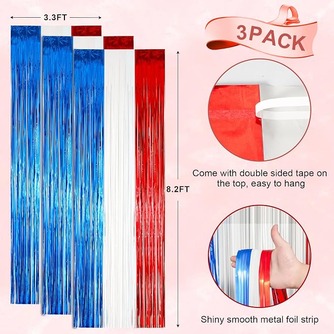 Voircoloria Red White Blue Foil Fringe Backdrop Curtains, 3 Pack | Tinsel - Image 3
