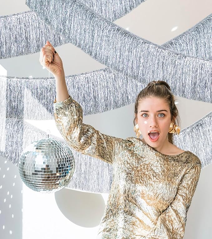 2 Pack Silver Fringe Garland Tinsel Banner Party Decoration | Dense Shiny - Image 7