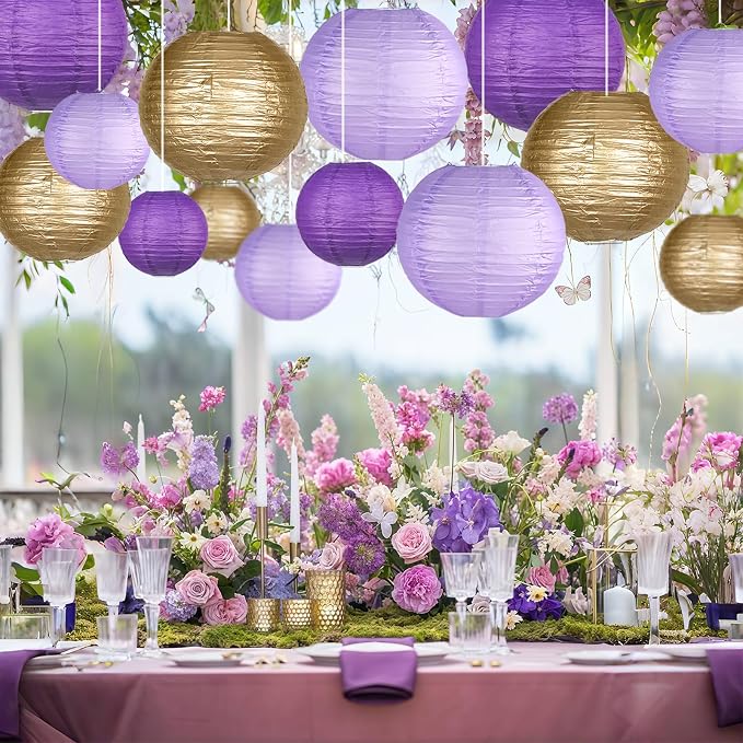 15-Pack Purple Gold Paper Lanterns, Rapunzel Birthday Decorations | 6, 8 & - Image 3