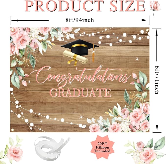 8 x 6 ft Rustic Wood Graduation Banner Congratulations Graduate Party - Image 2