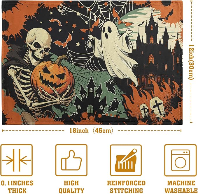 Halloween Skeleton Ghost Placemats Set of 4 12x18 Inch Spooky Pumpkin Bat Table - Image 4