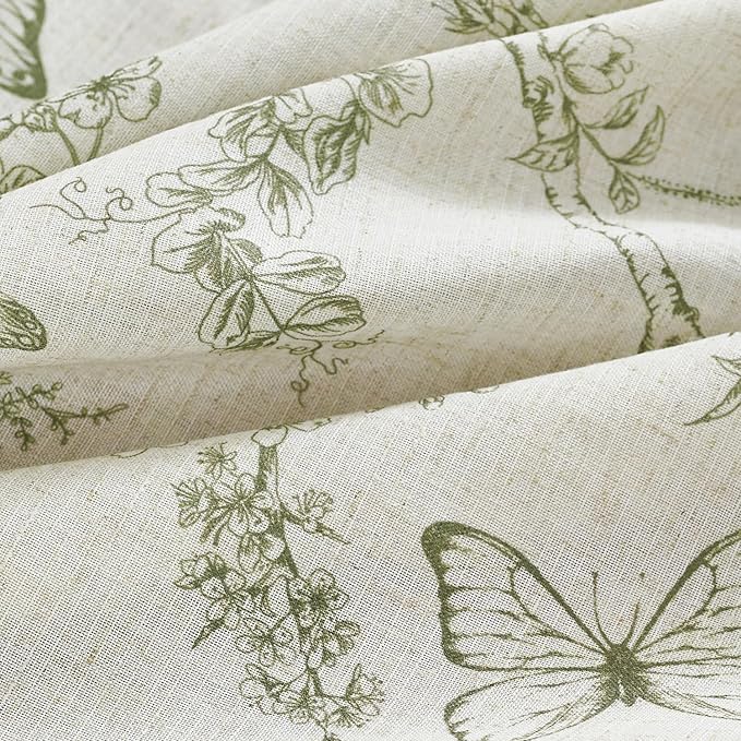 Green Floral Linen Curtains Farmhouse Rod Pocket 50W X 108L 2 Panels | - Image 7