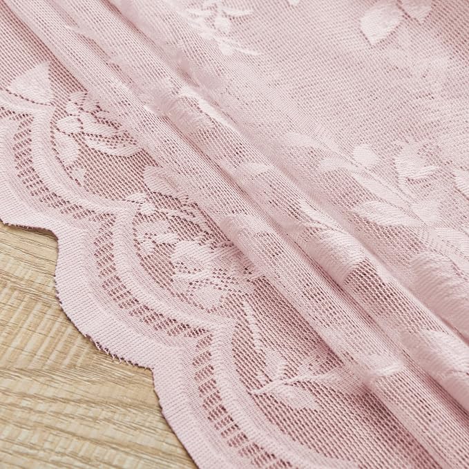 Pale Pink Lace Curtains 63 Inch Length 2 Panels set Rod Pocket Large Floral - Image 6